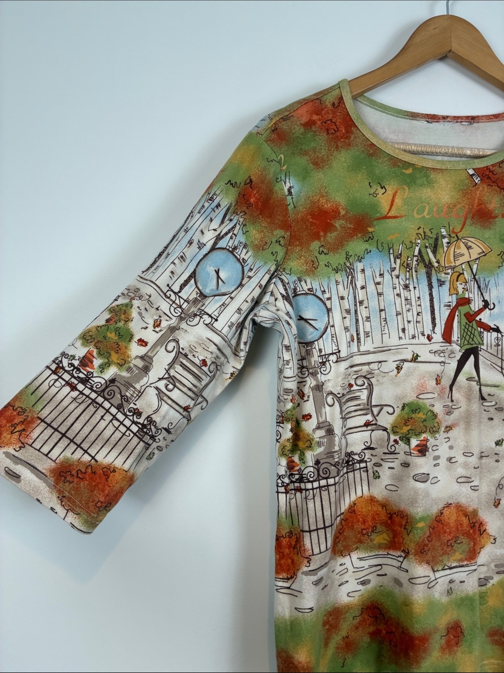 Christopher & Banks Large Scenic Park Print 3/4 Sleeve Top Green Cotton - Picture 3 of 6